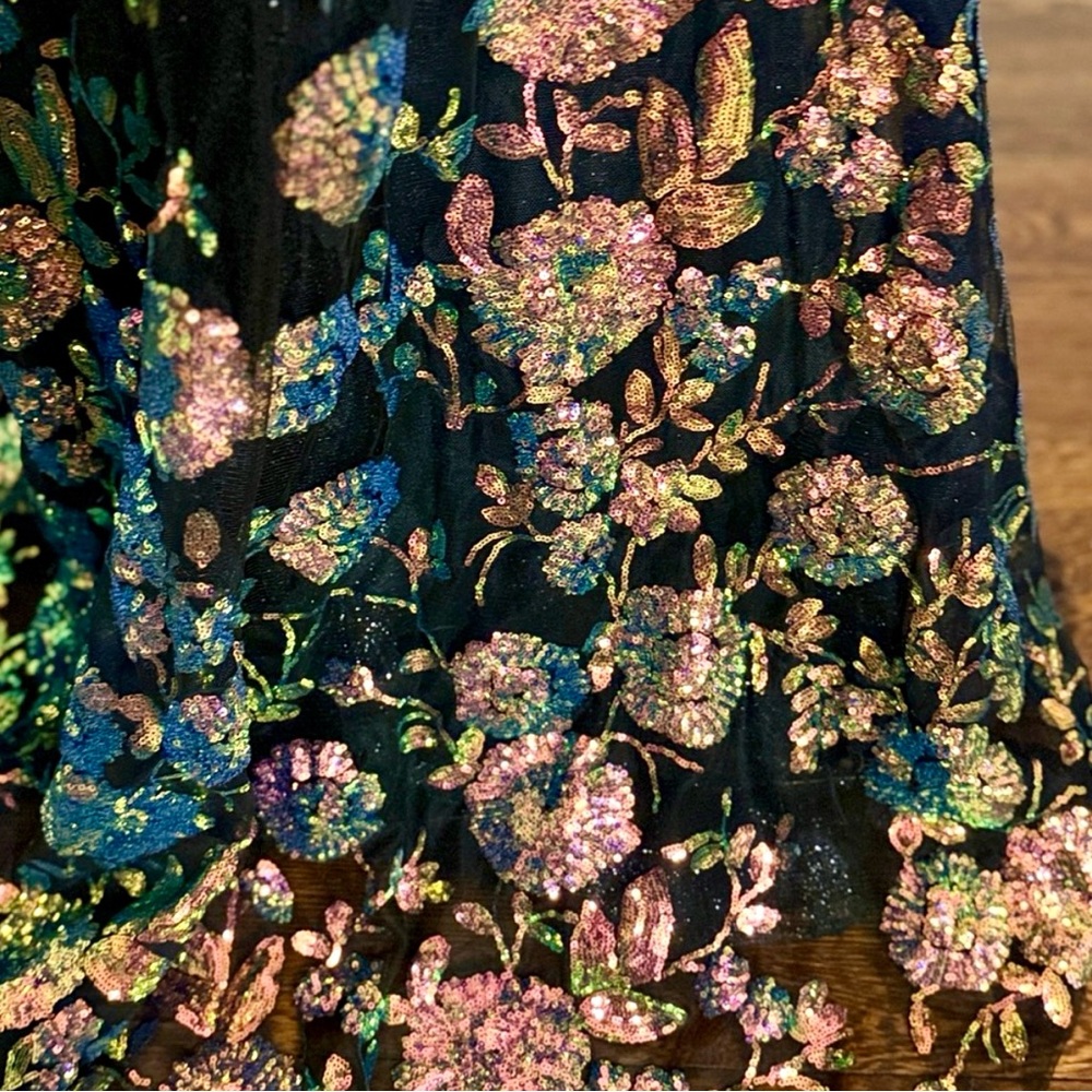 Black Floral Iridescent Sequin Mermaid Gown Lace Up Back Chiffon Prom Formal Sz8 - Picture 3 of 5
